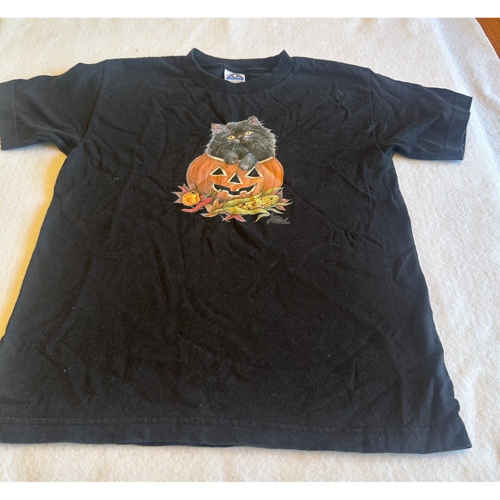 Vintage Alstyle Youth Halloween T Shirt Black L 14 16 Cat Pumpkin USA Graphic